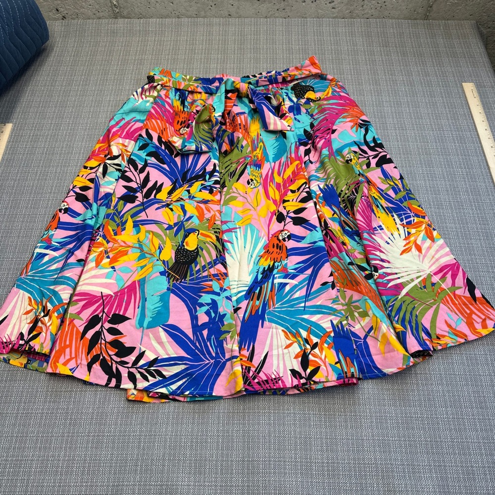 Tropical Midi Skirt 1X Tie Waist Parrot Colorful Vacation Resort Bold Dopamine